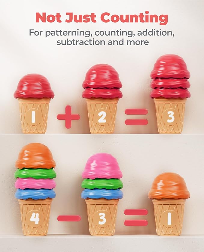 JoyCat Ice Cream Preschool Learning Activities Counting and Color Sorting Set Stacking Toy for Kids 1-5, Educational Fine Motor Skill Math Manipulative, 30PCS Play Food for Girl Toddler Valentine Gift