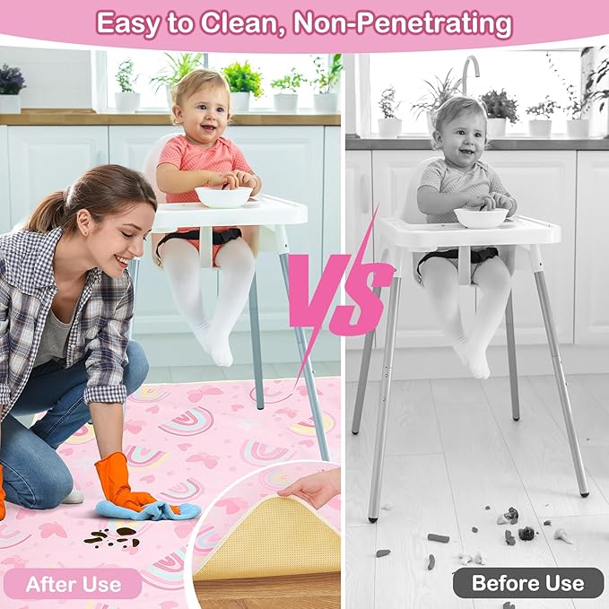 Basumee Splat Mat High Chair Mat Waterproof Baby Play Splat Mat for Under High Chair Food Catcher Highchair Mat for Floor Non Slip Bottom, Pink Rainbow, 46x42 Inches