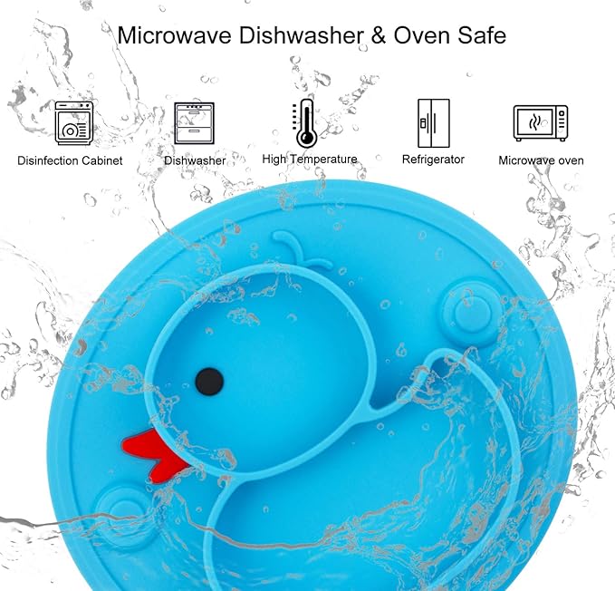 Linowos Baby Divided Plate Silicone- Portable Non Slip Child Feeding Plate with Suction Cup for Children Babies and Kids BPA Free Baby Dinner Plate Microwave Dishwasher Safe … (Duck-Blue)