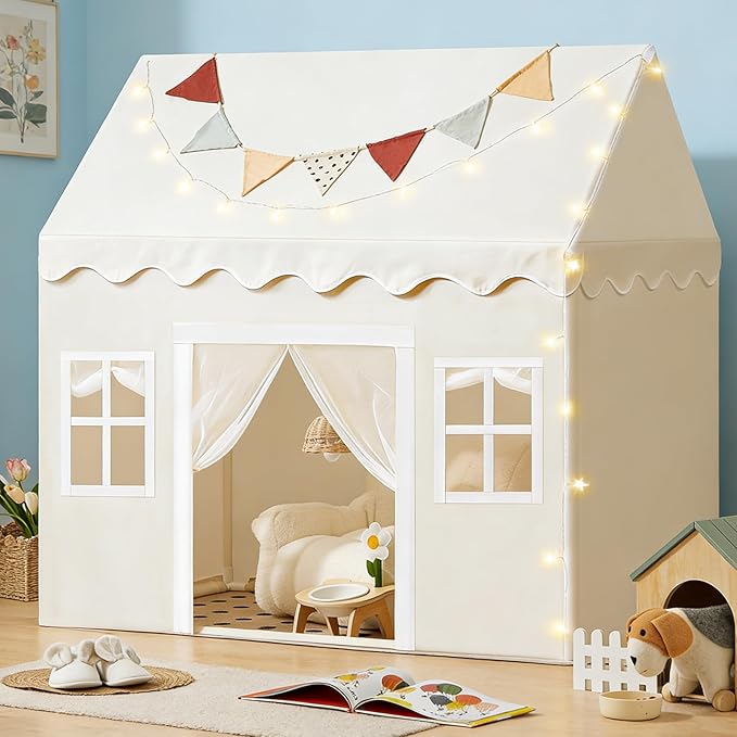 Tiny Land Play Tent with Padded Mat & LED Lights, Kids Tent, Playhouse for Kids, Indoor Bed Tent for Toddler, Toys for 3,4,5,6-Year-Old Girls, Neutral Color Play Room Furniture