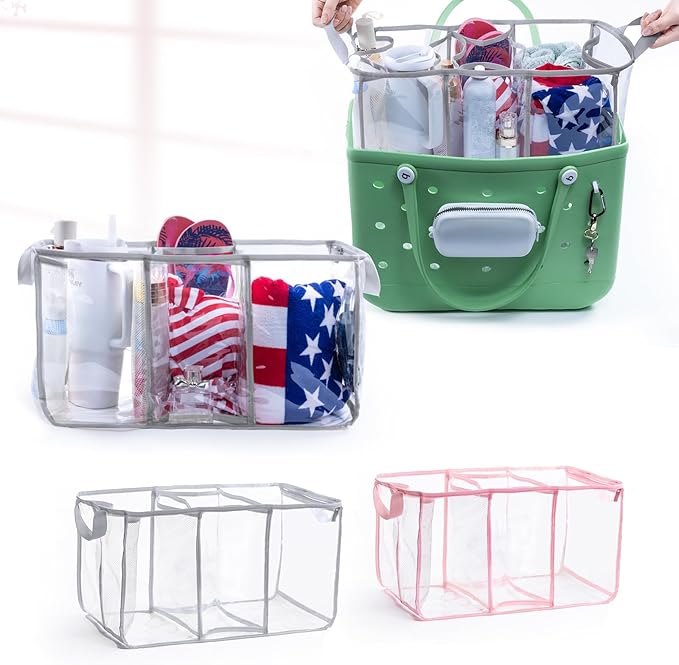 AMOIGEE Clear Beach Bag Organizer Insert with 3pcs Accessories for XL Bogg Bag Inserts - Tote Bag Divider with Sunglasses Holder, Phone Holder and Clips Hooks - Beach Tote Insert Organizer Liner