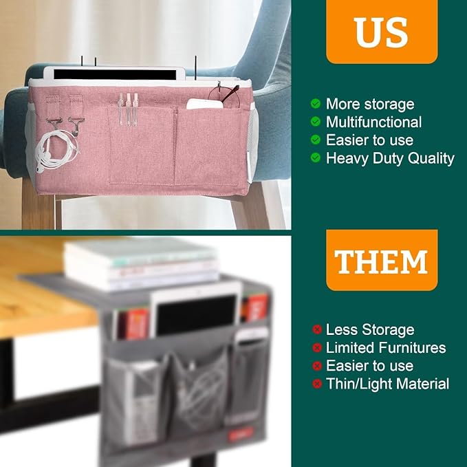 Bedside Caddy Organizer Hanging Storage Bag with Pockets for Books, Magazines, Phone, Tablet & Water Bottle – 2-Pack Bedside Storage for Dorm Rooms, Bunk Beds, Hospital Beds & Cribs,Pink