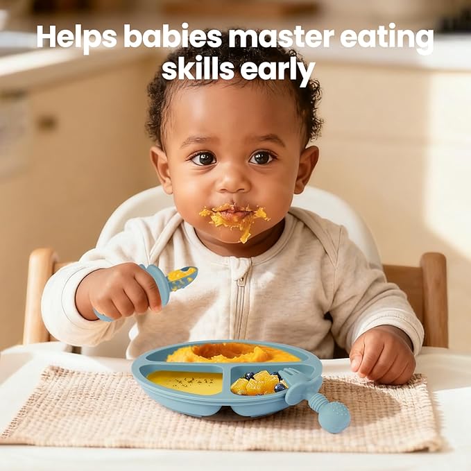 Eascrozn 2 Pack Baby Plates with Suction, 2 Pack Silicone Forks and Spoons Set, Baby Led Weaning Supplies, BPA Free, Toddler Utensils for Feeding Essentials