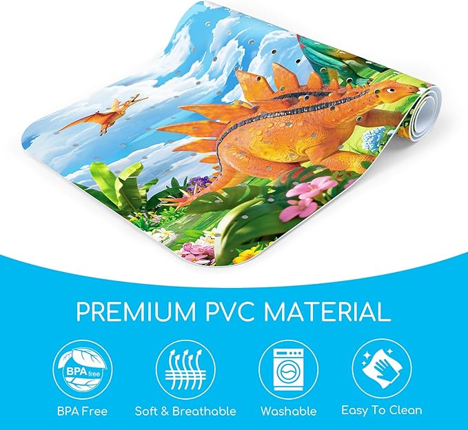 Omedecal Baby Bath Mat for Tub, Non Slip Kids Bath Shower Mat, 40 X 16 Inch Large Bathtub Mat with Drain Holes and Suction Cups for Toddlers, Machine Washable and Waterproof (Dinosaur)