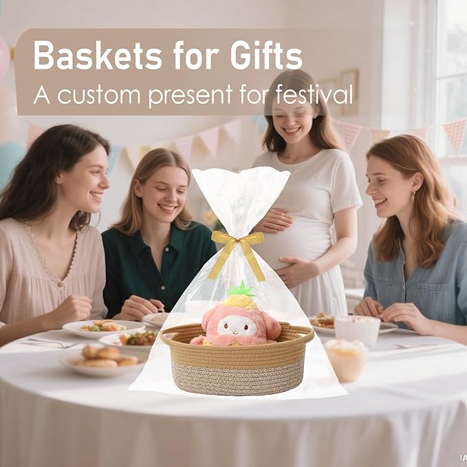 JMvicyroam Woven Basket,Small Rope Storage Bin with Handles & Ribbon Bag, Organizer for Shelves Closets,Gift Basket Empty for Birthday,Books,Dog Toys, Jute&Brown