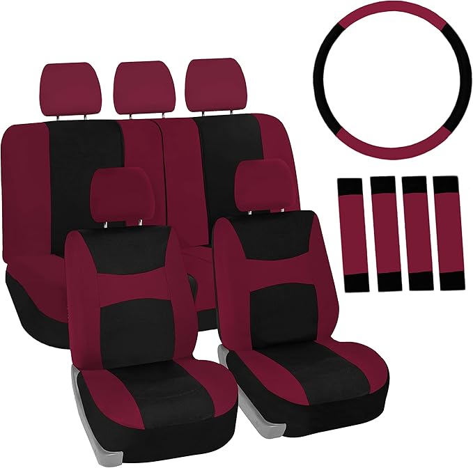 FH Group Car Seat Covers Full Set Cloth,Universal Fit combo,Washable Automotive Seat Covers,Low Back Front Seat Covers,Airbag Compatible,Split Bench Rear Seat for SUV,Sedan,Van Burgundy