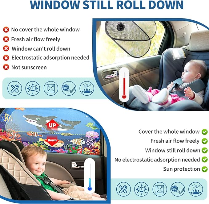 MOVINPE Car Window Shade for Baby, 2-Pack Breathable Mesh Rear Window Screens, Universal Stretchable Sun Shades, Heat and UV Block, Privacy Shield for Toddler Kids Babies (Undersea)