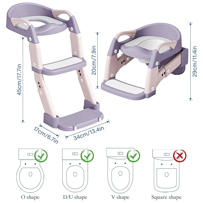 3 in 1 Potty Training Seat for Toddlers Adjustable Toilet Trainer with Anti-Slip Steps and Splash Guard Converts to Step Stool & Child Toilet Chair Foldable Design for Boys & Girls(Purple)