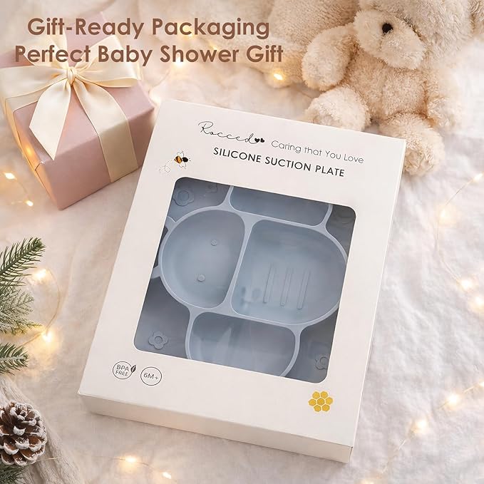 ROCCED Suction Plates for Baby Placemat Spoon Fork Set for Toddlers, Silicone Baby Plates with Suction Baby Dishes for Kids Plates-grey