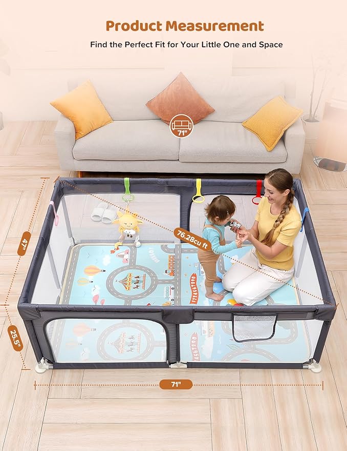 Dripex Baby Playpen with Mat, 71"x47" Play Pen for Toddlers 1-3 Years, Soft Breathable Visible Mesh, Indoor/Outdoor Portable Play Yard with Mat, Safe Baby Fence Play Area, Dark Grey