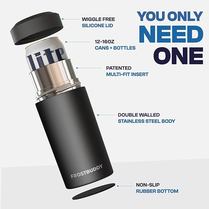 Frost Buddy Universal Can Cooler - Fits all - Stainless Steel Can Cooler for 12 oz & 16 oz Regular or Slim Cans & Bottles - Stainless Steel (Mother Nature)
