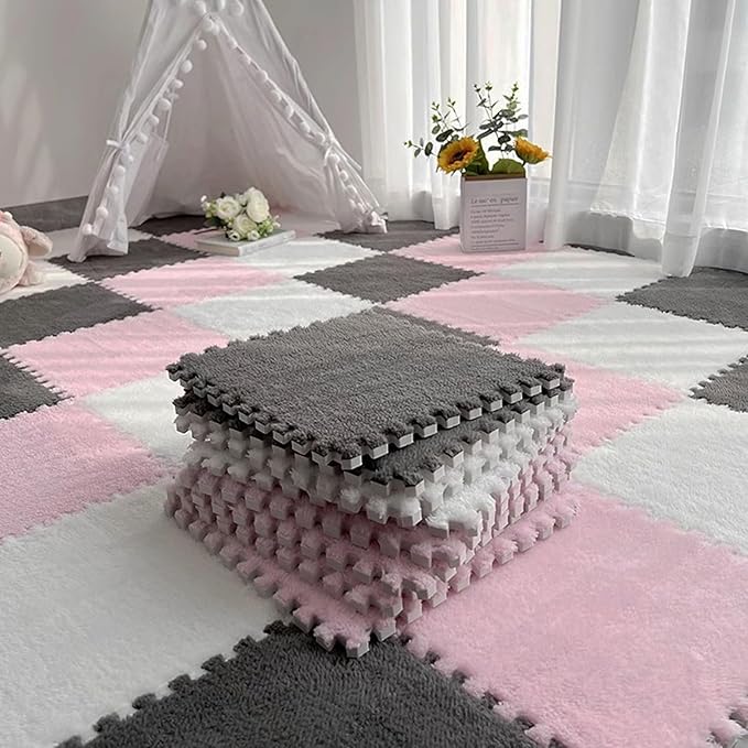 12pcs Plush Puzzle Foam Floor Mat, Cute Soft Fluffy Interlocking Square Foam Tiles Area Rugs Carpet for Parlor Bedroom Decor(11.8x11.8x0.4in, Grey&White&Pink)