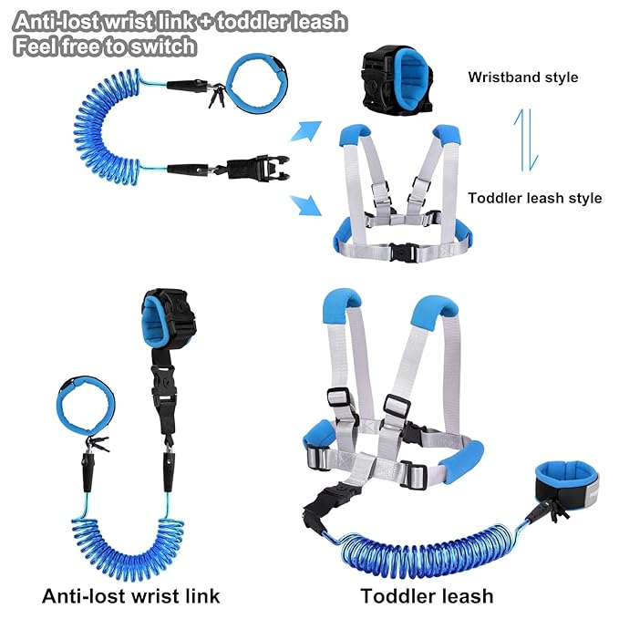 Blisstime 2 in 1 Toddler Leash - Anti Lost Wrist Link for Toddlers - Toddler Harness, Baby Leash, Leash for Toddlers, Wrist Leashes, Child Leashes for Toddlers, Not Easy to Open Without Key