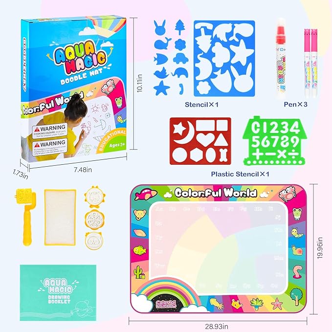 Water Doodle Mat for Kids Doodle Mat for Toddlers 1-3 Wildlife for 3 4 5 6 7 8 Years Old Girls & Boys,Neon Color Mat Doodle Board Writing Drawing Toys Holiday 28x20 Inch