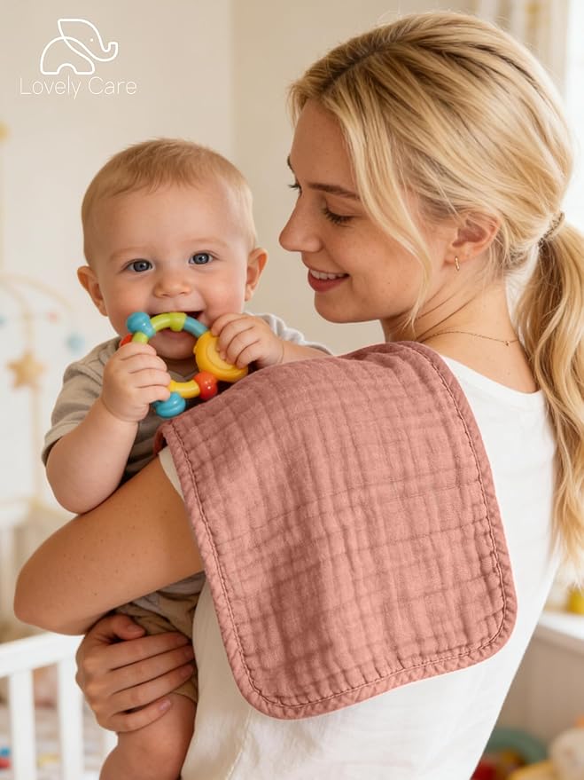 Lovely Care 12 Pack Muslin Burp Cloths 100% Cotton Muslin Cloths Large 20''x10'' Extra Soft and Absorbent Baby Burping Cloth - Warm Clay
