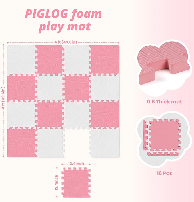 16 Tiles Baby Play Mat for Floor, EVA Foam Baby Floor Play Mat with 0.6 Inch Thick Interlocking Foam Tiles, Foam Floor Tiles for Baby, Toddlers and Kids (Pink-White, 16PCS)