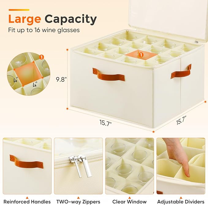 Foyego Wine Glass Storage Box with Dividers, 2 Pack Glassware Storage Containers, Stemware Storage Cases Holds 32 Wine Glasses, Stackable Crystal Storage Containers with Clear Cover for Moving，Beige