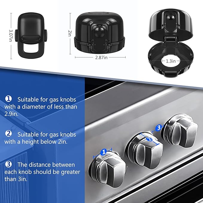 Stove Knob Safety Covers for Child (5 + 1 Pack), Upgraded Universal Size Press Gas Stove Knob Covers with Adhesive, Heat-Resistant Childproof Oven Locks for Kids and Pets (Black)