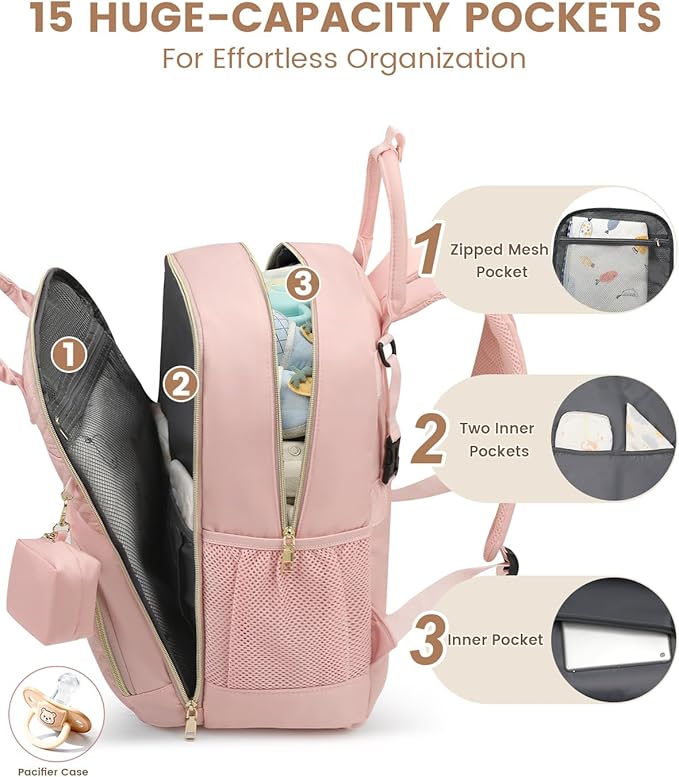 Pritent Diaper Bag Backpack,Baby Essentials Diapers Bag with Pacifier Case,Multipurpose Stylish Large Capacity Travel Backpack for Baby Girl/Boy(L-Pink)