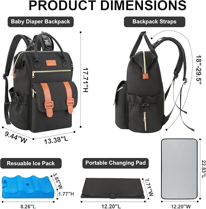 PIIOSER Diaper Bag Tote with Ice Pack, Large Capacity & Waterproof Bag Travel Backpack for Moms Dads, Insulated Insulated Baby Cooler Bag with Changing Pad, Stroller Straps & Pacifier Case, Black