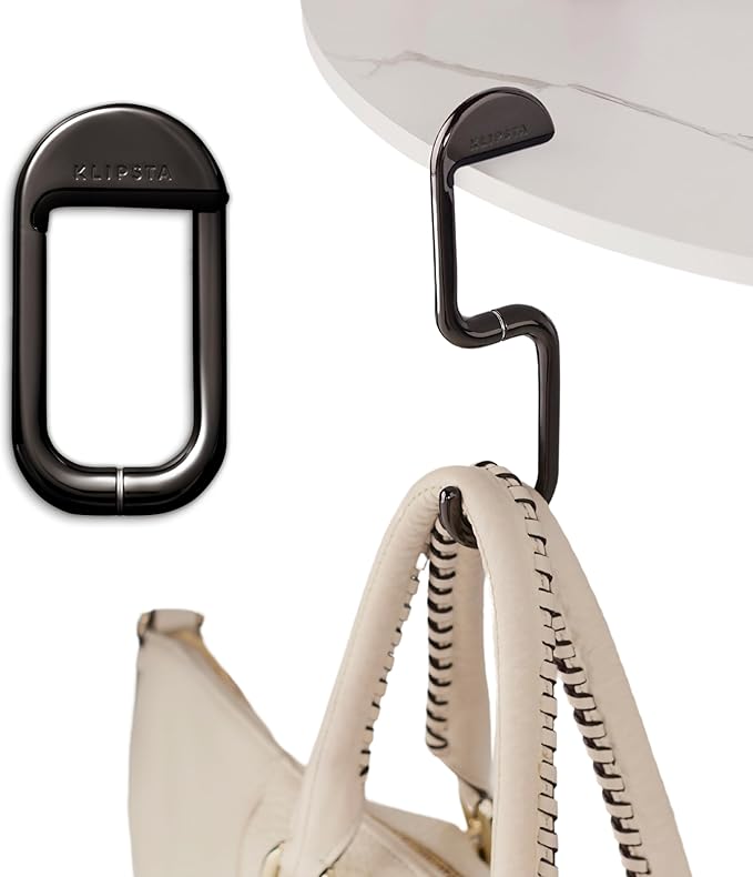 KLIPSTA FLIP Bag Hook - Newly Redesigned. Portable Purse Hanger for Table with Magnetic Closure - (Chrome Black)