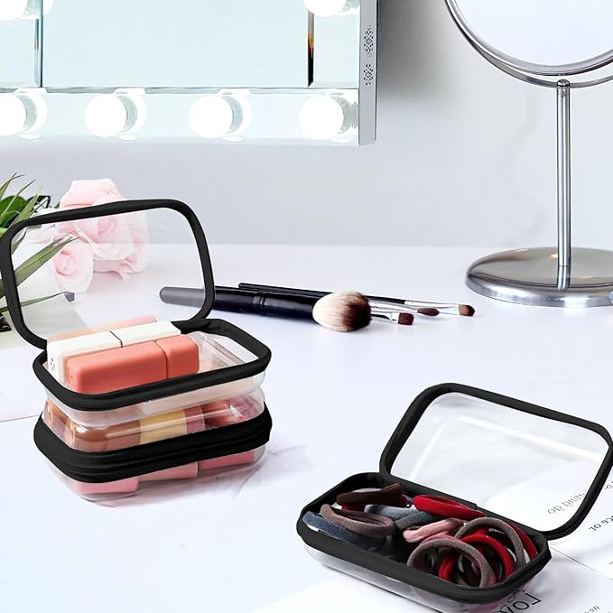 3 Pack Clear Hard Shell Zipper Case, Clear Zipper Pouches Waterproof Makeup Organizer & Travel Toiletry Bag, Plastic Pouch for Travel Office Storage, Black 3 Pack XLLS