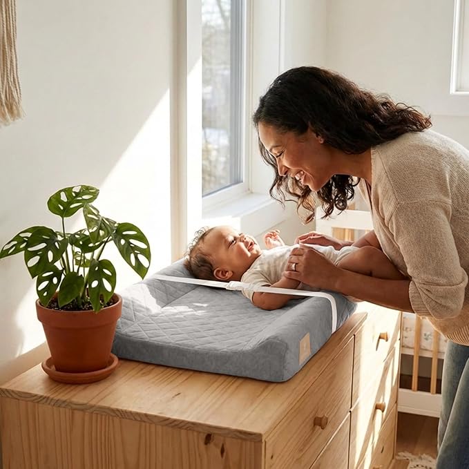 Contoured Baby Changing Pad – Waterproof & Breathable Diaper Changing Pad | Removable Washable Cover, Non-Slip Base & Safety Strap | Standard Size for Dresser & Changing Table Pads