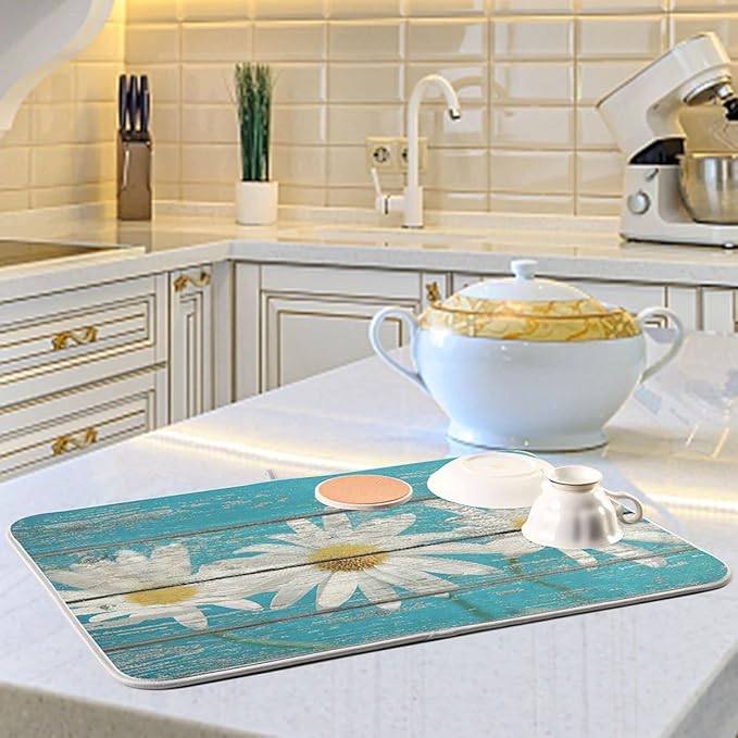 Daisy On Old Wooden Board Dish Drying Mat for Kitchen Counter Turquoise Wood Drying Mat 18 x 24 Inch with High Absorbent Reversible Microfiber Dish Drying Pad Drainer Mat for Coffee Bar