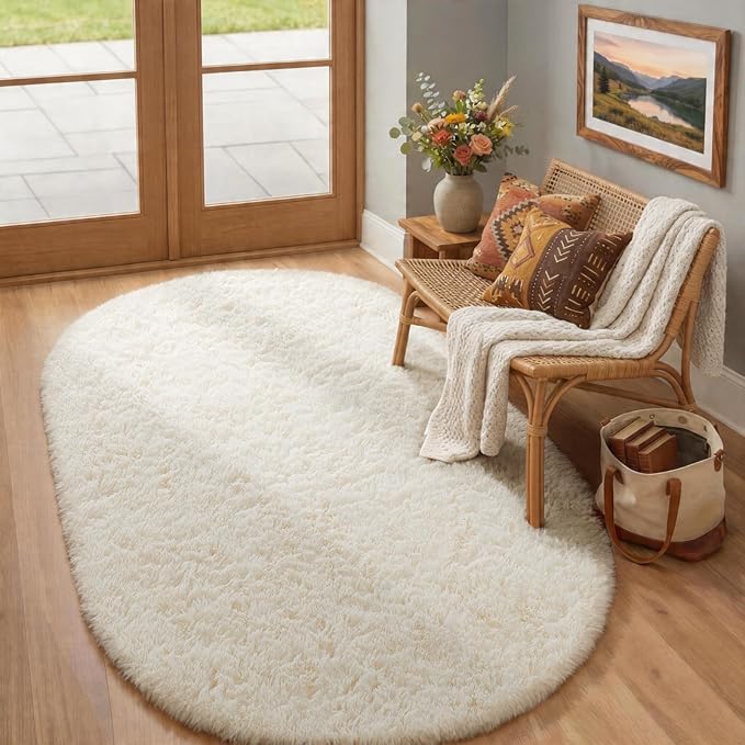 Ophanie 4x6 Ivory Oval Rugs for Bedroom Living Room, Fluffy Fuzzy Furry Carpet, Plush Soft Shaggy Bedside Indoor Floor Area Rug for Kids Girls Boys Baby Teen Dorm Nursery Home Decor Aesthetic