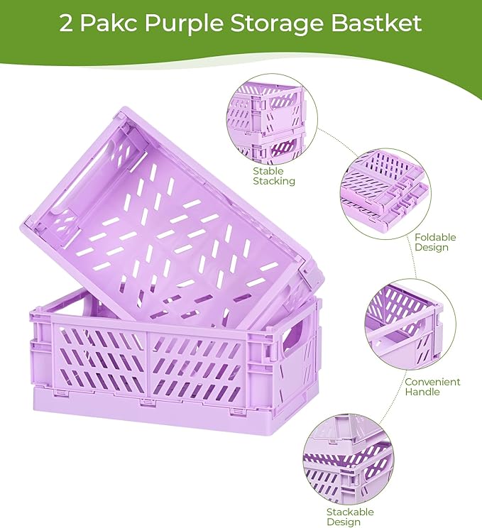 HUUSMOT 2-Pack Small Pastel Plastic Storage Baskets, Collapsible Crates for Organizing, Space-Saving Mini Bins for Classroom, Kitchen, Office, Bedroom (Purple, 9.8" x 6.5" x 3.8")