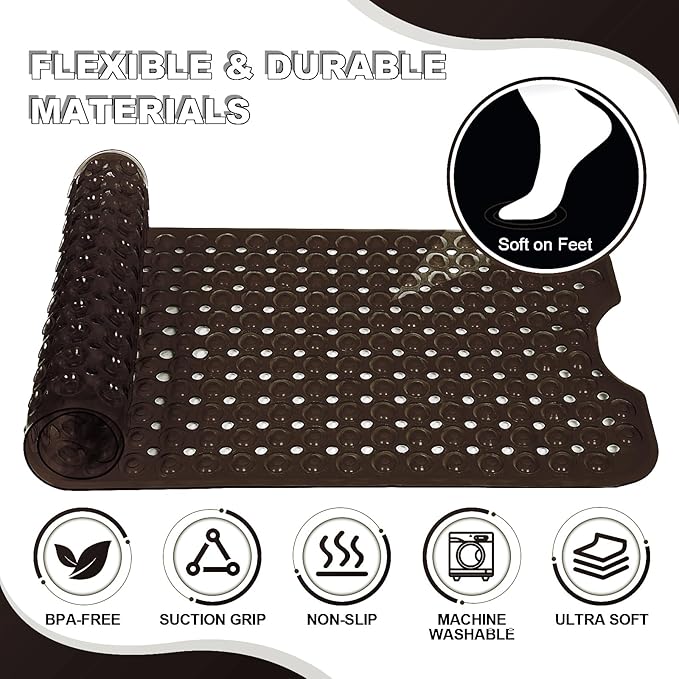 Bathtub and Shower Mats, 40x16 Inch Extra Large Non Slip Soft Bath Tub Mat with Suction Cups and Drain Holes for Bathroom Floor and Keep Tubs Clean, Machine Washable, Clear Chocolate