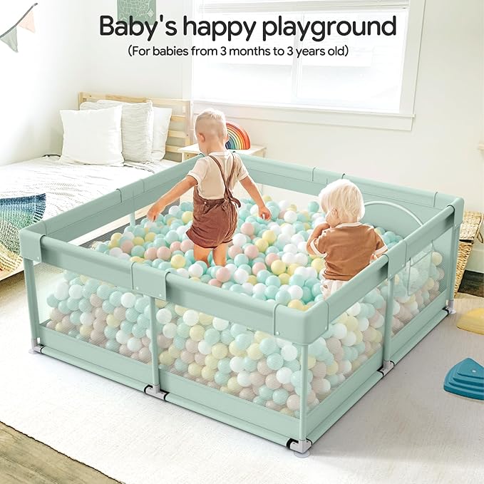 Fodoss Playpen for Babies and Toddlers - 47x47in Baby Playpen, Green Play Pen with Hand Pulling Ring, All-Side Mesh Play Pen for Kids,Baby Fence, Playards
