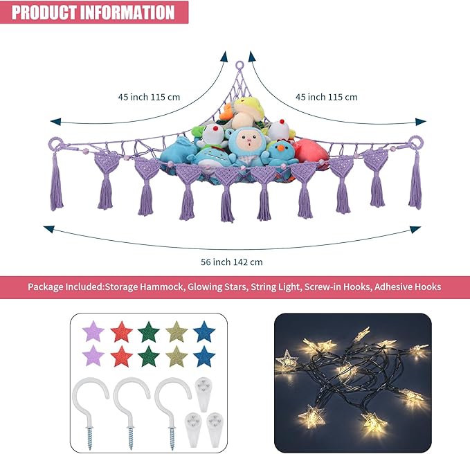 Stuffed Animal Hammock Corner - 56'' Jumbo Handcrafted 5mm Double Macrame Cord Stuffed Animal Net - 100% Natural Cotton Toy Hammock Plushies Storage - Purple Stuffy Plushie Net w/LED Star Light