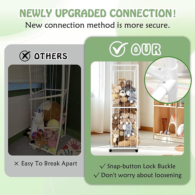Stuffed Animal Storage Zoo with Wheels, 65" Tall Large Stuff Animals Plushies Holder Toy Organizer Kids Plush Storage Cage PVC with Elastic Band and Net for Nursery Playroom Corner for Toddler