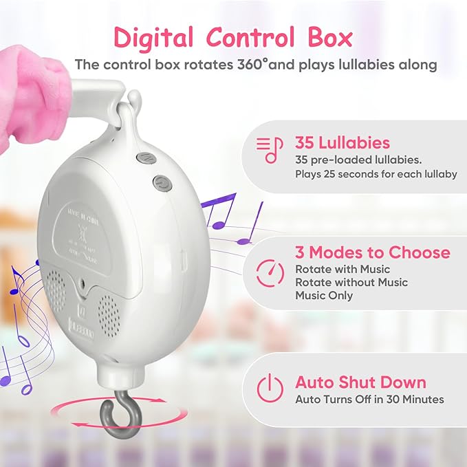 Baby Crib Mobile with Rotating Music Box and 28” Mobile Arm, Unicorm Crib Mobile for Baby Girls with 6 Plush Toys 35 Lullabies, Musical Nursery Mobile, Pink Nursery Decor, Crib Toys for Infant Baby