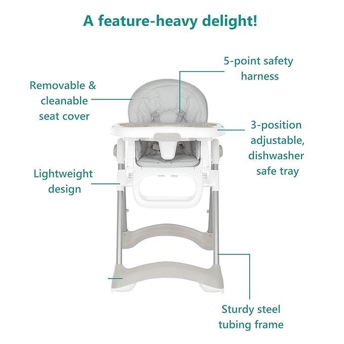 Dream On Me Solid Times High Chair for Babies and Toddlers in Grey, Multiple Recline and Height Positions, Lightweight Portable Baby High Chair, 5 point Safety Harness, Easy to Clean Surface