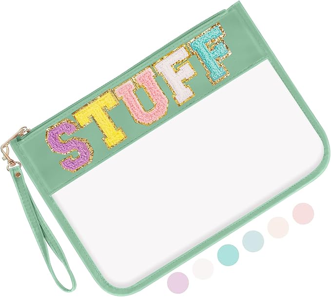 Iqimott Chenille Letter Clear Bag Stuff Pouch, Monogram PVC & PU Makeup Cosmetic Bag Zipper Toiletry Pouch, Waterproof Portable Travel Beach Snack Wristlet Bags for Women Girls(Stuff, Green)