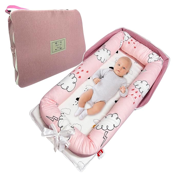 UGRASEA Baby Lounger, Foldable Portable Infant Lounger, Soft Breathable Baby Nest Cover, Suitable for 0-24 Months Newborn Baby Lounger,Home Travel Dual-Purpose Baby Nest (Pink R)