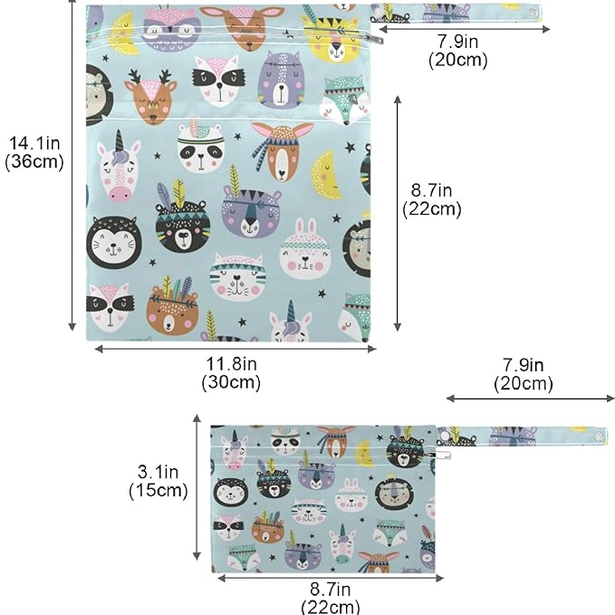 visesunny Funny Bear Unicorn Animal 2Pcs Wet Bag with Zippered Pockets Washable Reusable Roomy for Travel,Beach,Pool,Daycare,Stroller,Diapers,Dirty Gym Clothes, Wet Swimsuits, Toiletries