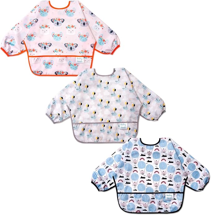 3 Pcs Long Sleeved Bib Set | Baby Waterproof Bibs with Pocket Bundle Toddler Bib with Sleeves and Crumb Catcher 6-24 Months