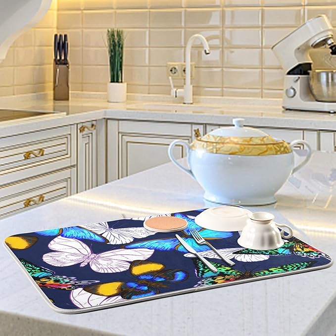 Absorbent Dish Drying Mat for Kitchen Counter - Blue Butterfly Microfiber Drying Pad, Reversible Drainer Mats for Countertop, Small 16" x 18"