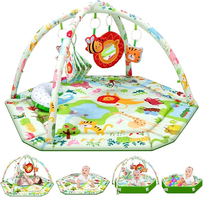 Baby Play Mat,Tummy Time Mat with 6 Detachable Toys-Activity Gym for Visual, Auditory & Motor Development-Washable Baby Activity Mat for 0-12 Month Infants(Animal Theme)