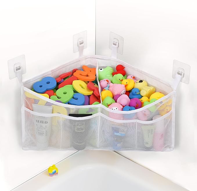 Goowin Bath Toy Organizer, Triangle Corner Bath Toy Storage, Quick Access Bath Toy Holder for Bathtub, Large Capacity Bath Storage for Toys, Quick Dry Mesh Bath Toy Holder for Hanging, White