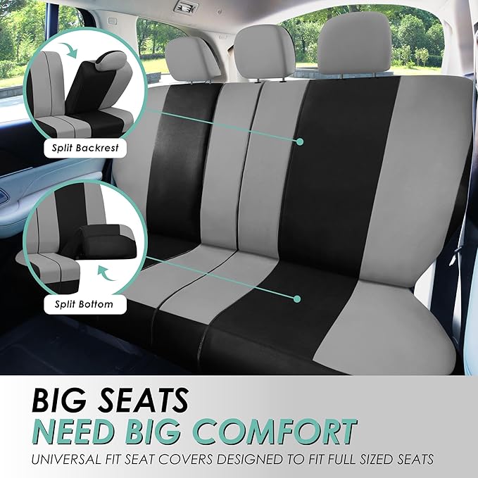 FH Group Universal Fit Gray Black Automotive Seat Covers Combo Set with Steering Wheel Cover and Seat Belt Pad fits Most Cars, SUVs, and Trucks (Airbag Compatible and Split Bench)