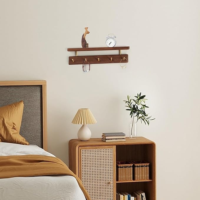 Mayhas Solid Wood Shelf with Hooks, 15 inch Coat Rack Wall Mount, Shelves with 5 Brass Hooks for Hanging in Entryway, Living Room, Bathroom, Bedroom, Kitchen(Walnut)