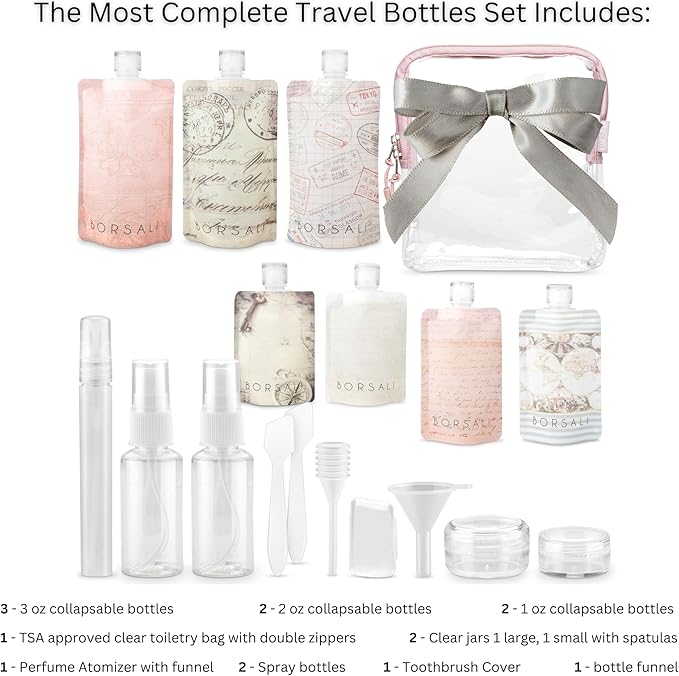 BORSALI Travel Pouches for Toiletries, Portable Flat Pack Squeeze Containers for Shampoo & 3-1-1 Liquids, Empty Travel Size Essentials for Women - 18 Piece Set with TSA Approved Bag
