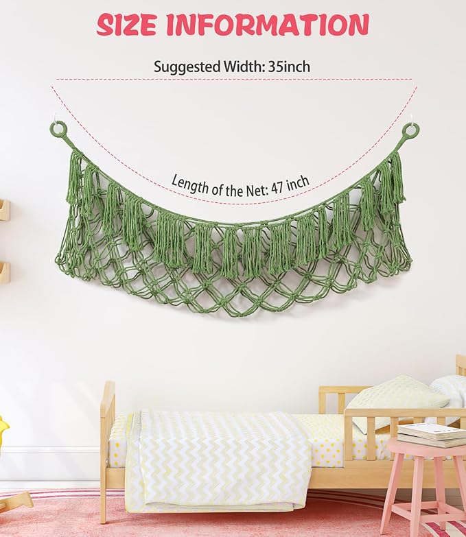 Stuffed Animal Net Hammock, Premium Cotton Hand-knitted plush hammock, Save space Eliminate Clutter Boho Stuffed Animal Storage for Nursery, Bedroom Decor - Avocado green