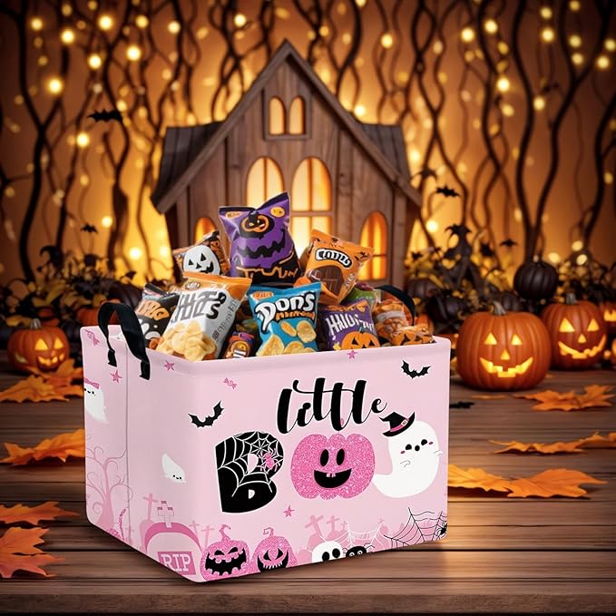 ASKETAM Halloween Basket Gift Cute Pumpkin Ghost Parties Decor Kid Trick or Treat Basket for Boys and Girls Rectangular Storage Bin Box (Pink)