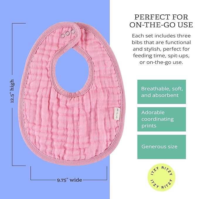 Itzy Ritzy Set of 3 Baby Bibs - Ultra-Soft Adjustable Infant & Toddler Bibs Made of Triple-Layer Cotton Muslin, Ideal for Drooling, Teething, & Eating - 3 Stylish, Coordinating Prints (Strawberry)