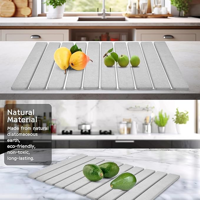 Stone Dish Drying Mat for Kitchen Counter – 23"(L)×15 (W)" Foldable Absorbent Diatomaceous Earth Dish Drying Mats, Kitchen Counter Mats for Dishes Bottles Cups, Match Any Countertop - Grey